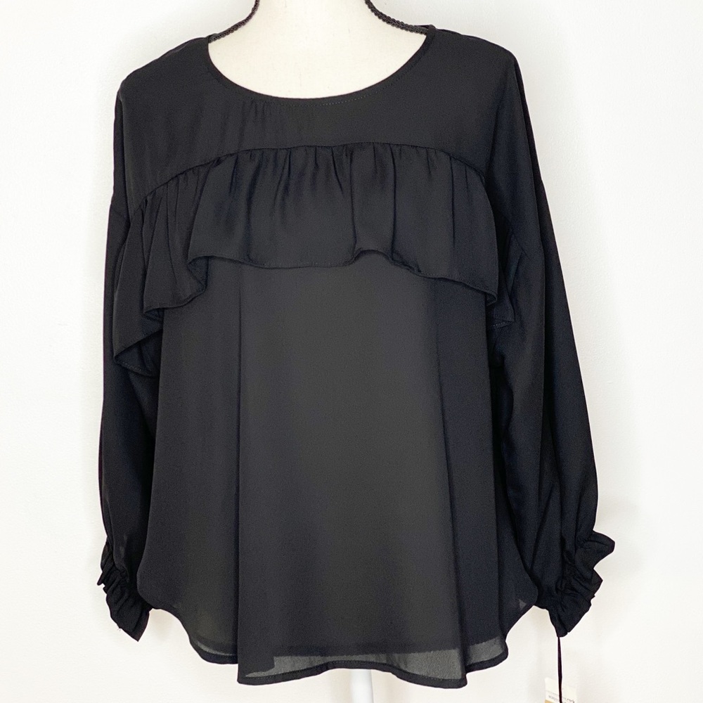 HALOGEN Black Ruffle Trim Ballon Sleeve Blouse S